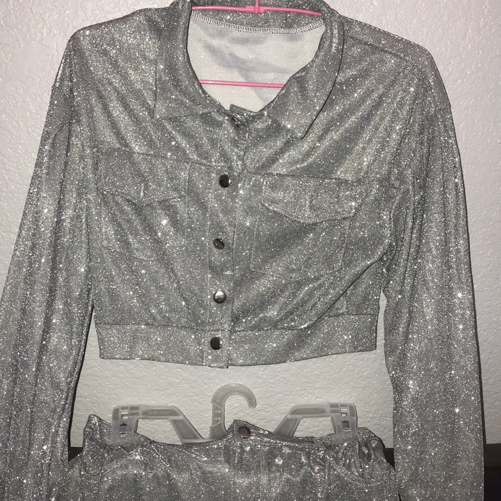 Sparkly grey two piece pant set with Crop Jacket